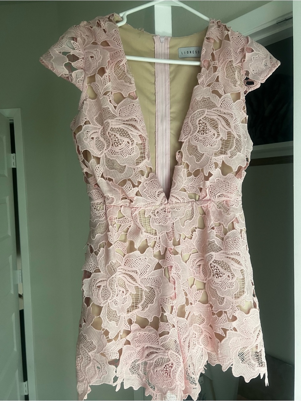 Lioness Pale Pink Lace V-Neck Fit-and-Flare Romper